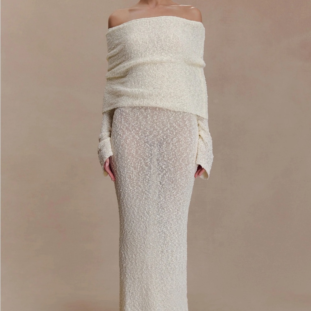 Meshki Cream Off Shoulder Bouncle Maxi Dress